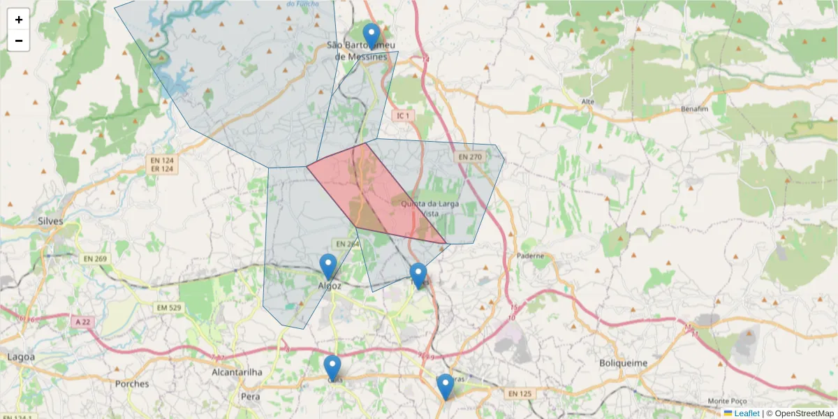 Mapa detalhado do código postal 8265-091 com limites, códigos postais vizinhos e agências dos correios