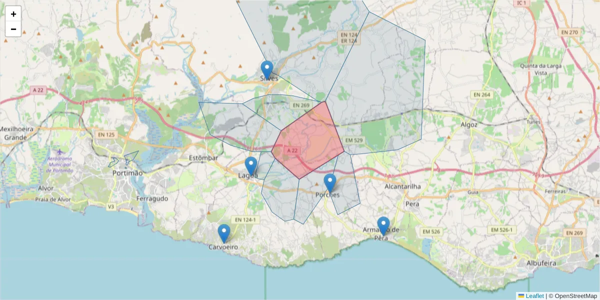 Mapa detalhado do código postal 8300-044 com limites, códigos postais vizinhos e agências dos correios