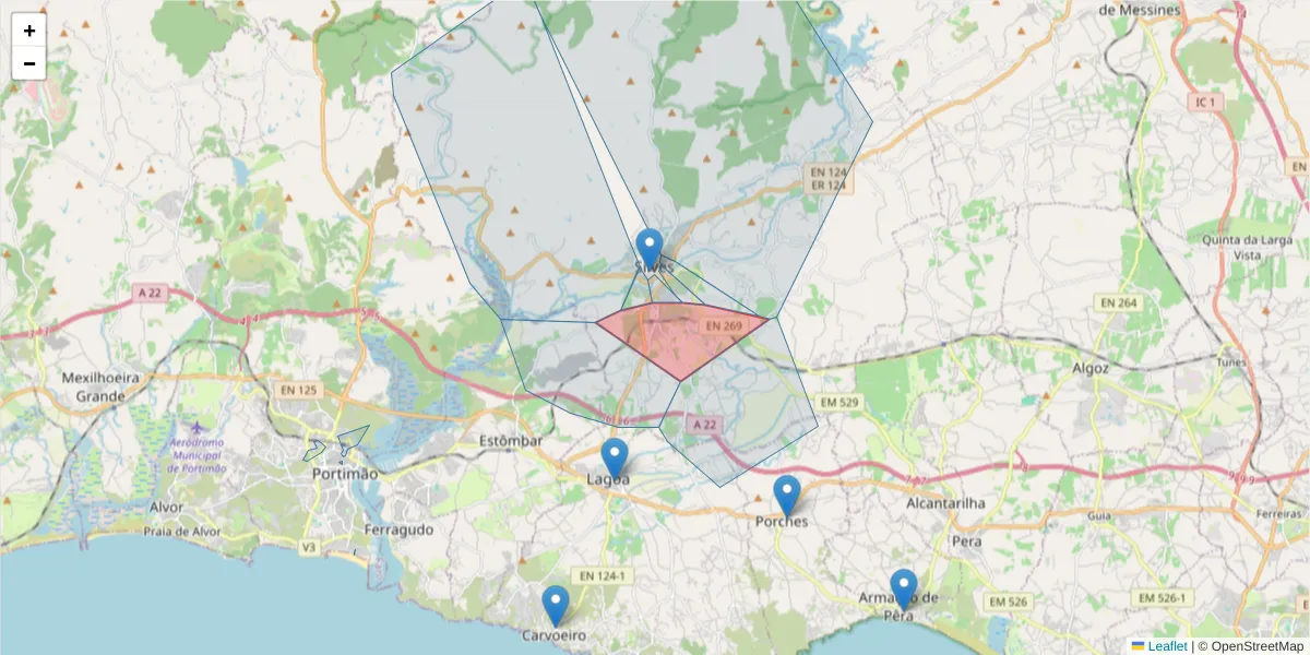 Mapa detalhado do código postal 8300-051 com limites, códigos postais vizinhos e agências dos correios