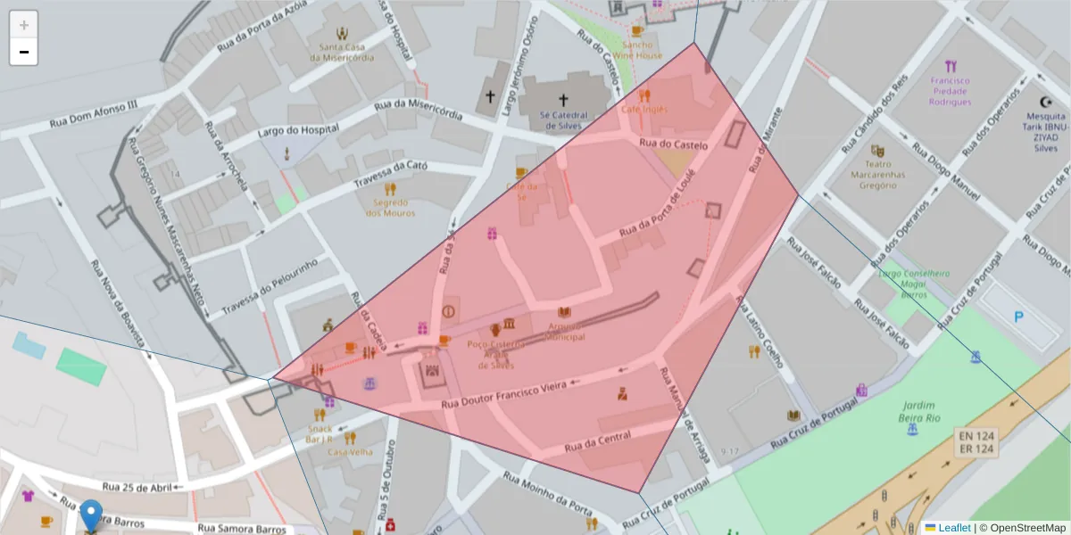 Mapa detalhado do código postal 8300-152 com limites, códigos postais vizinhos e agências dos correios