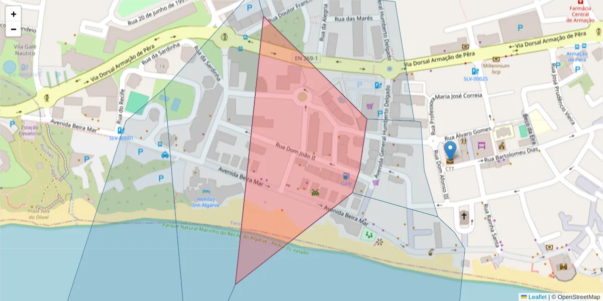 Mapa detalhado do código postal 8365-002 Armação de Pera com limites, códigos postais vizinhos e agências dos correios