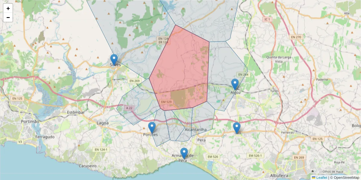 Mapa detalhado do código postal 8365-032 com limites, códigos postais vizinhos e agências dos correios