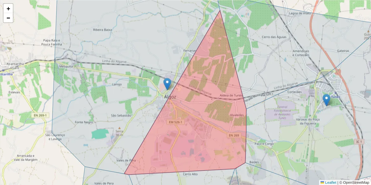 Mapa detalhado do código postal 8365-058 com limites, códigos postais vizinhos e agências dos correios