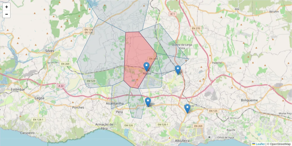 Mapa detalhado do código postal 8365-062 com limites, códigos postais vizinhos e agências dos correios