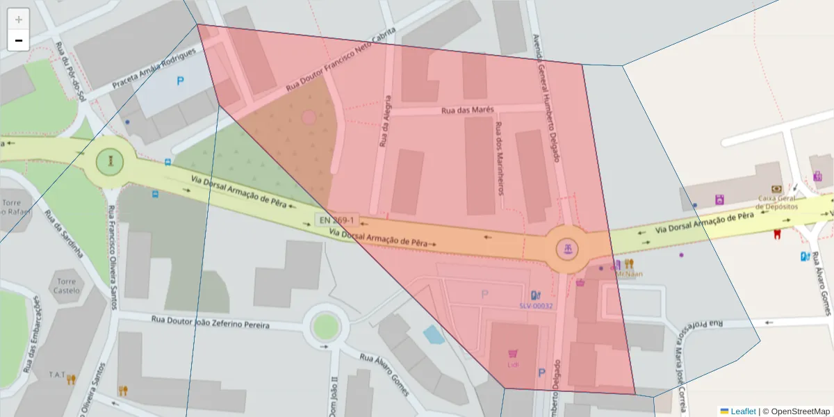 Mapa detalhado do código postal 8365-100 com limites, códigos postais vizinhos e agências dos correios