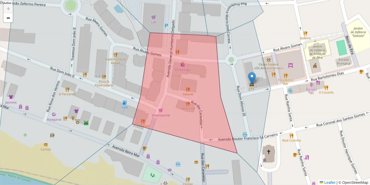 Mapa detalhado do código postal 8365-116 com limites, códigos postais vizinhos e agências dos correios