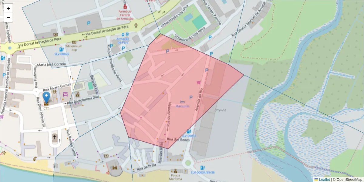 Mapa detalhado do código postal 8365-132 com limites, códigos postais vizinhos e agências dos correios