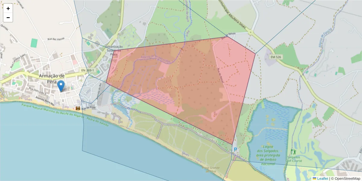 Mapa detalhado do código postal 8365-140 com limites, códigos postais vizinhos e agências dos correios