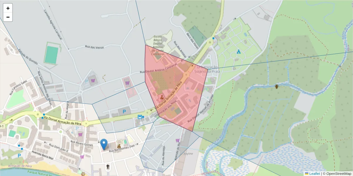 Mapa detalhado do código postal 8365-141 com limites, códigos postais vizinhos e agências dos correios