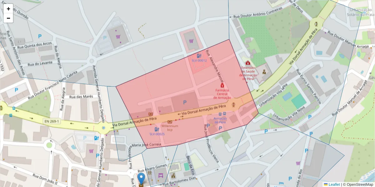 Mapa detalhado do código postal 8365-149 com limites, códigos postais vizinhos e agências dos correios