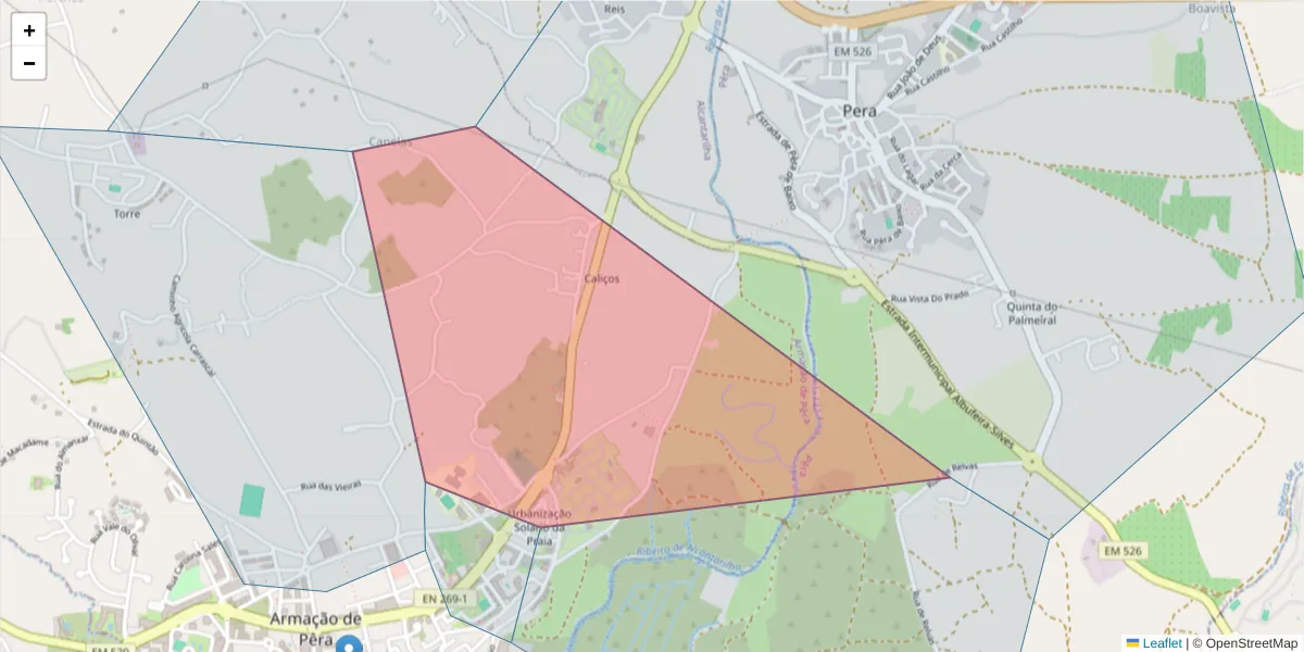 Mapa detalhado do código postal 8365-184 com limites, códigos postais vizinhos e agências dos correios