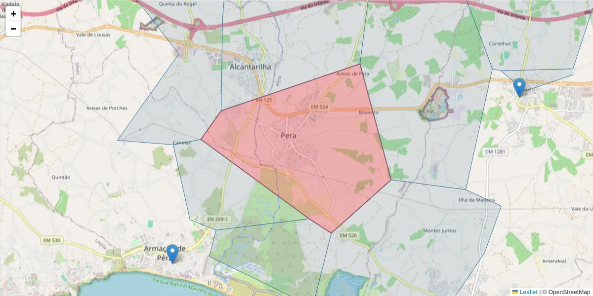 Mapa detalhado do código postal 8365-204 com limites, códigos postais vizinhos e agências dos correios