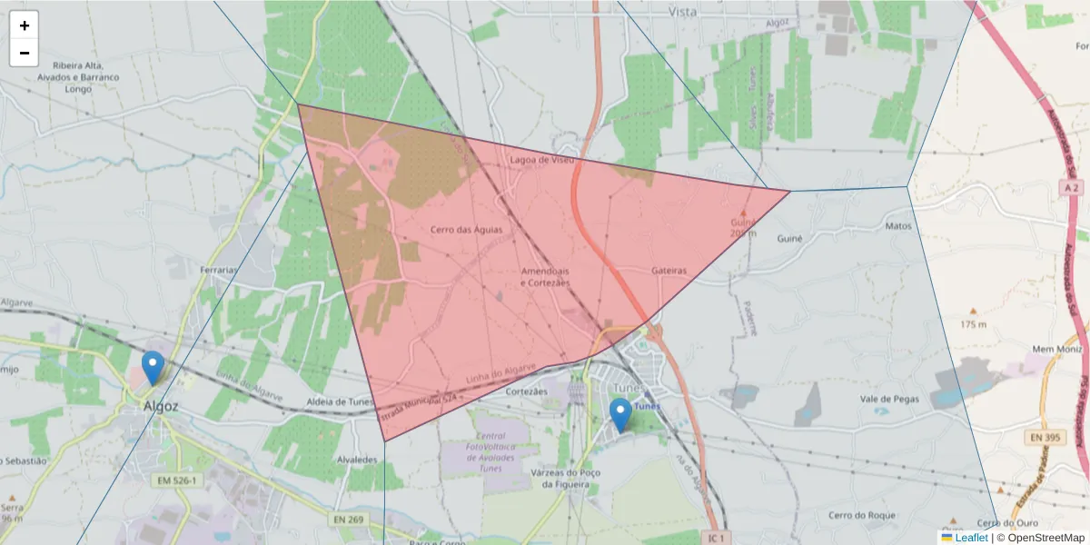 Mapa detalhado do código postal 8365-231 com limites, códigos postais vizinhos e agências dos correios