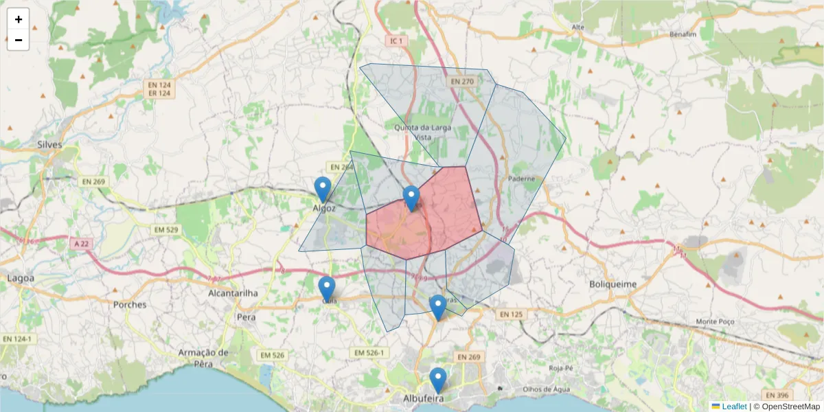 Mapa detalhado do código postal 8365-235 com limites, códigos postais vizinhos e agências dos correios
