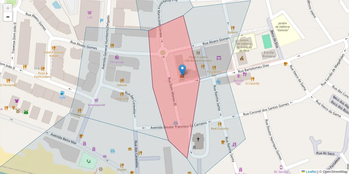 Mapa detalhado do código postal 8365-999 com limites, códigos postais vizinhos e agências dos correios
