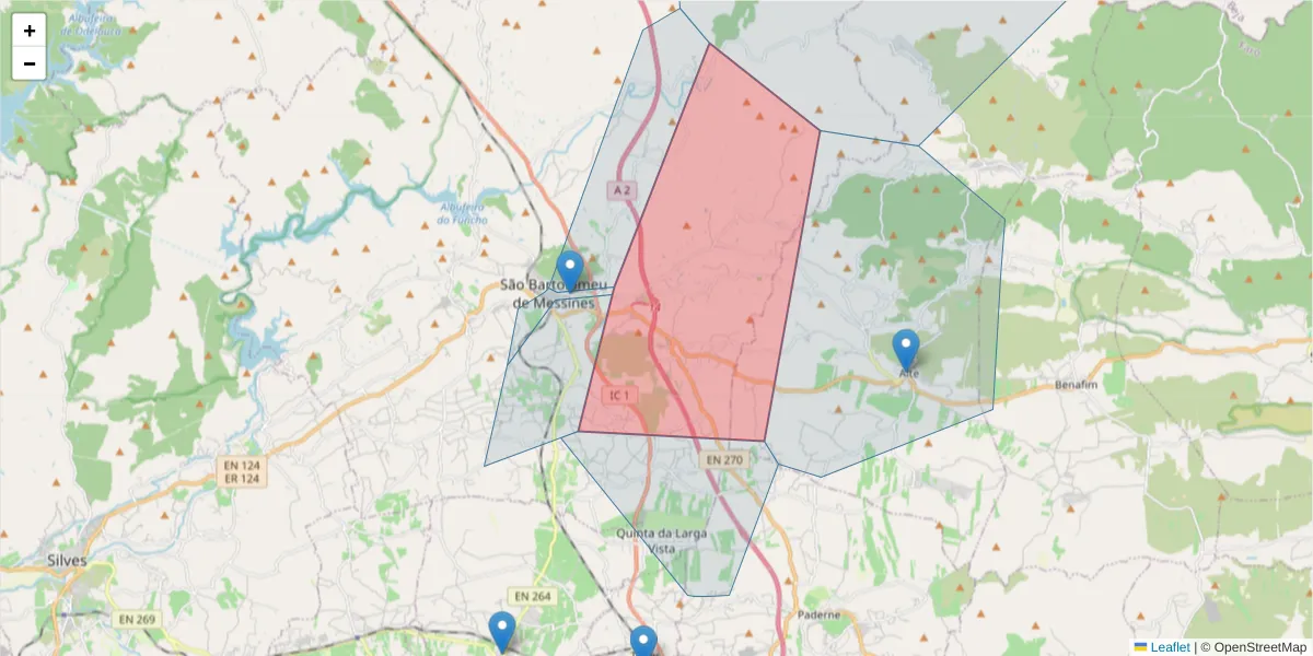 Mapa detalhado do código postal 8375-066 com limites, códigos postais vizinhos e agências dos correios
