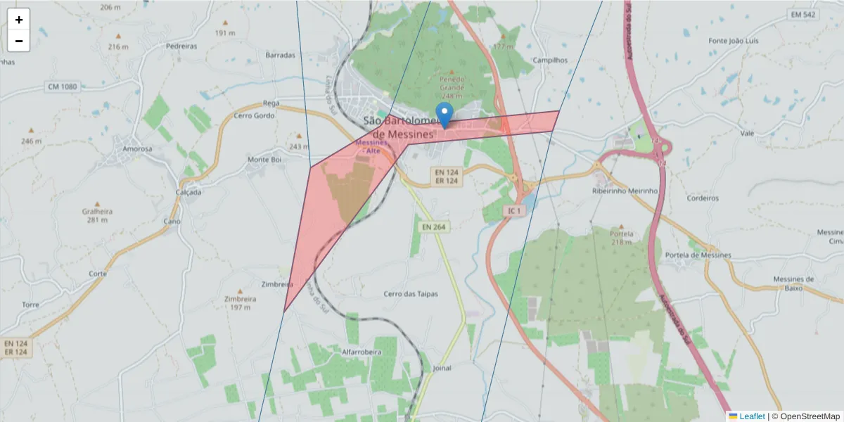 Mapa detalhado do código postal 8375-109 com limites, códigos postais vizinhos e agências dos correios
