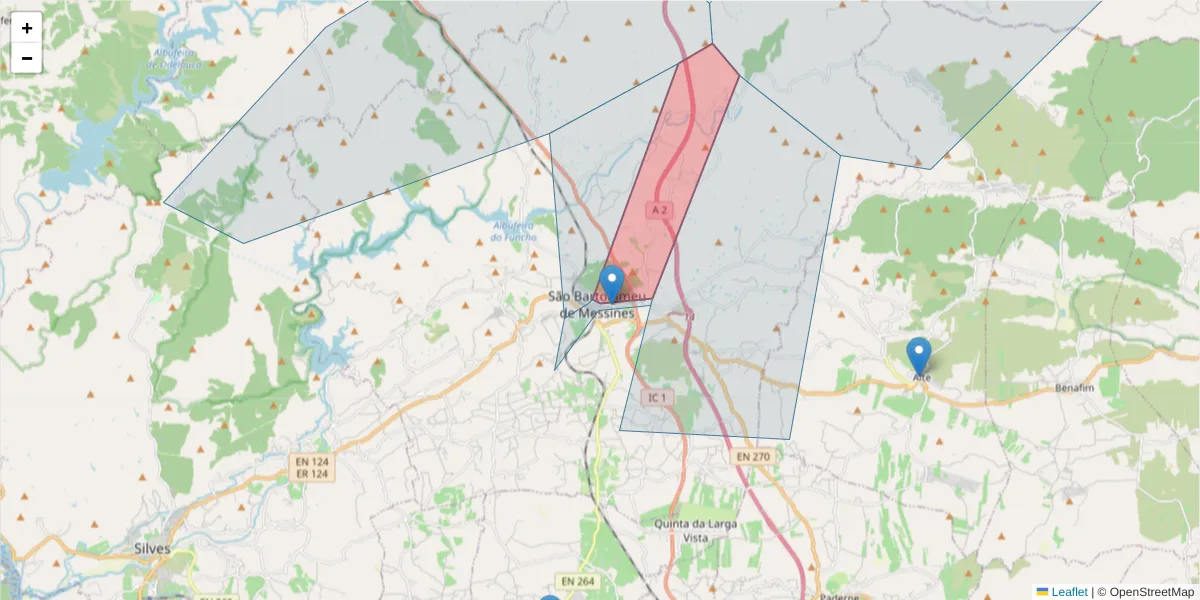 Mapa detalhado do código postal 8375-124 com limites, códigos postais vizinhos e agências dos correios
