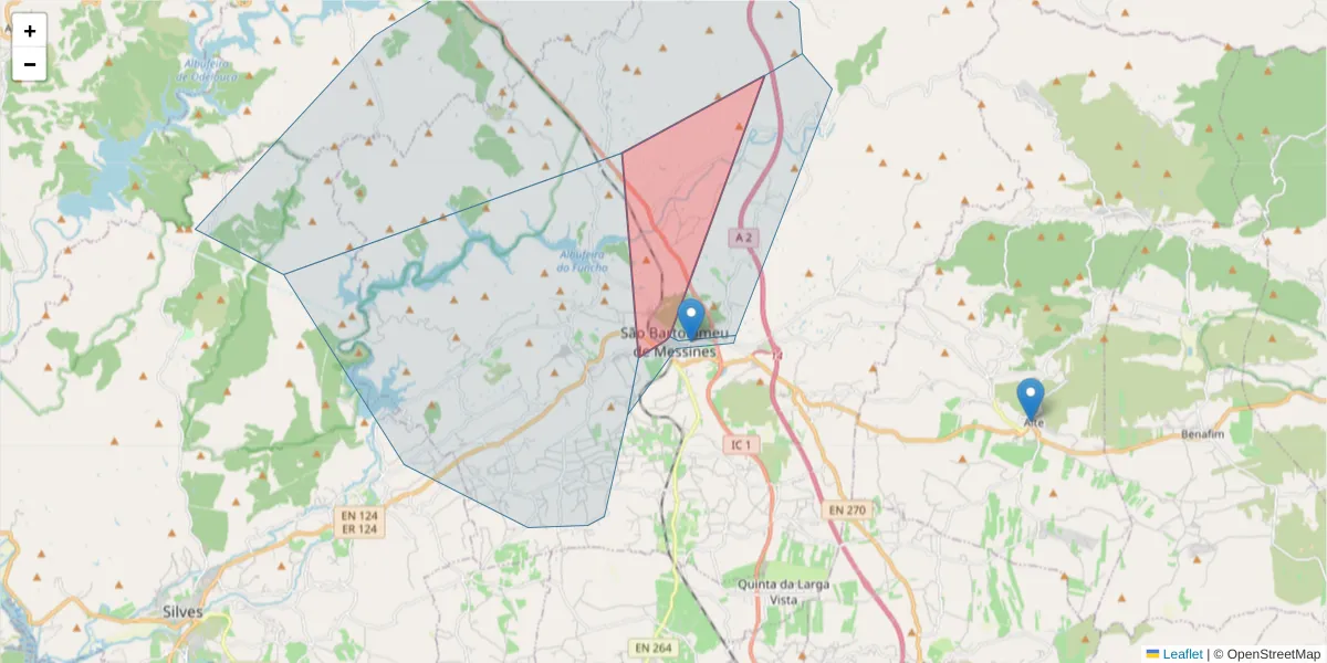 Mapa detalhado do código postal 8375-127 com limites, códigos postais vizinhos e agências dos correios