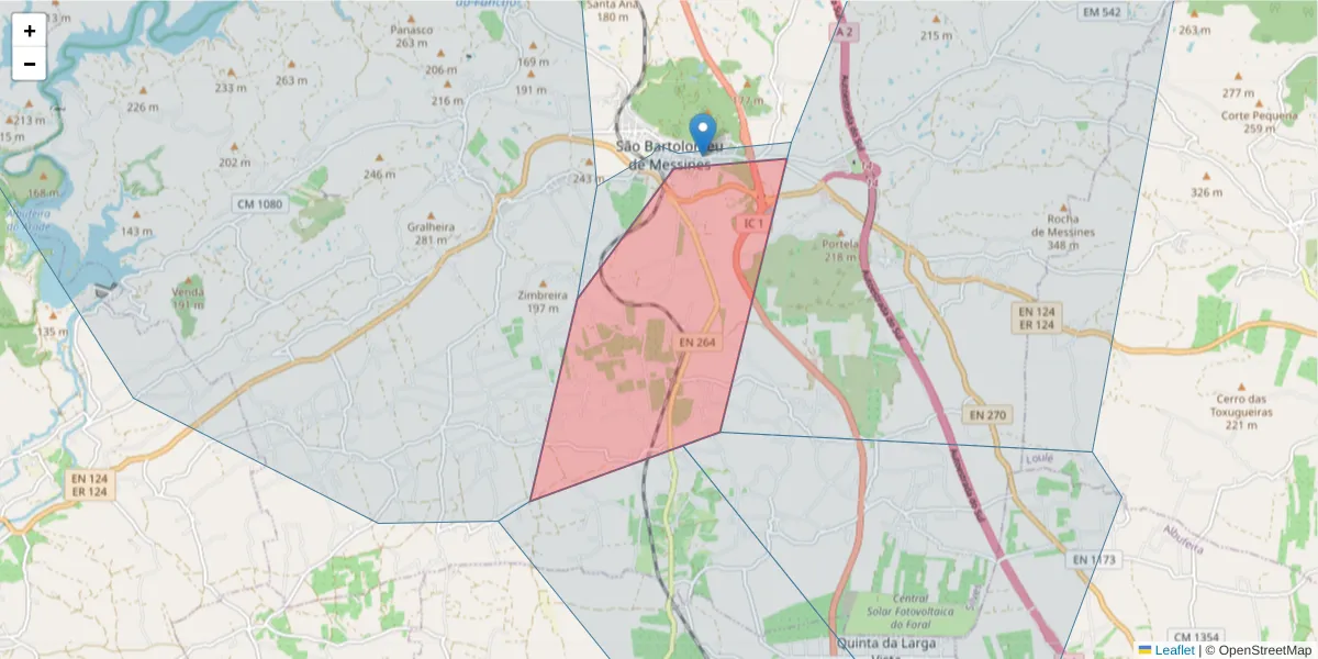 Mapa detalhado do código postal 8375-129 com limites, códigos postais vizinhos e agências dos correios