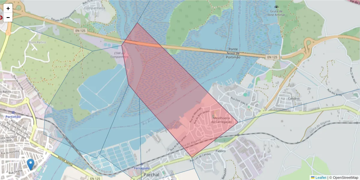 Mapa detalhado do código postal 8400-141 com limites, códigos postais vizinhos e agências dos correios