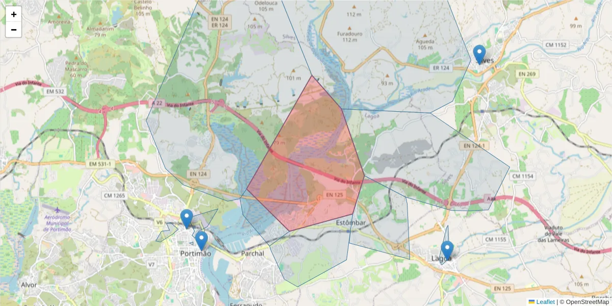 Mapa detalhado do código postal 8400-147 com limites, códigos postais vizinhos e agências dos correios