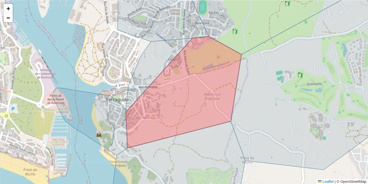 Mapa detalhado do código postal 8400-206 com limites, códigos postais vizinhos e agências dos correios
