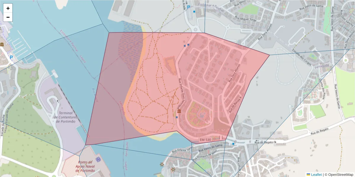 Mapa detalhado do código postal 8400-230 com limites, códigos postais vizinhos e agências dos correios