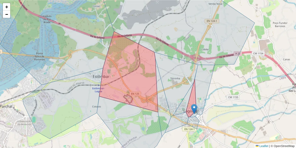 Mapa detalhado do código postal 8400-301 com limites, códigos postais vizinhos e agências dos correios