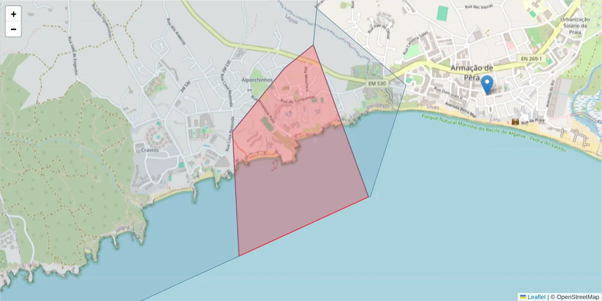 Mapa detalhado do código postal 8400-385 Albufeira com limites, códigos postais vizinhos e agências dos correios