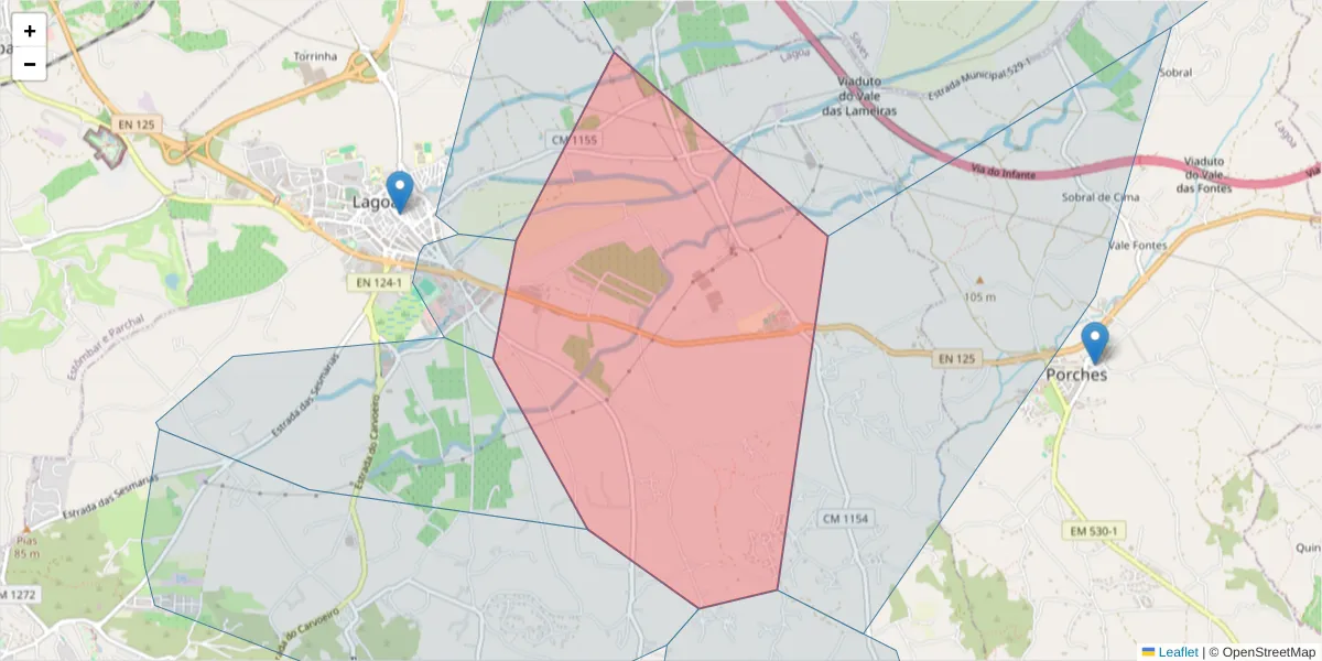 Mapa detalhado do código postal 8400-405 com limites, códigos postais vizinhos e agências dos correios