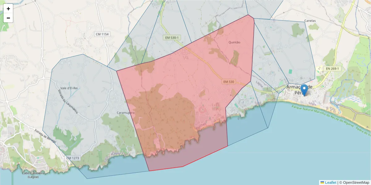 Mapa detalhado do código postal 8400-450 com limites, códigos postais vizinhos e agências dos correios