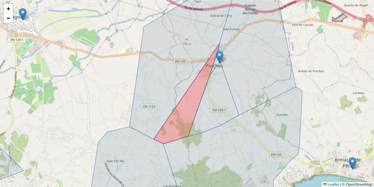 Mapa detalhado do código postal 8400-455 com limites, códigos postais vizinhos e agências dos correios