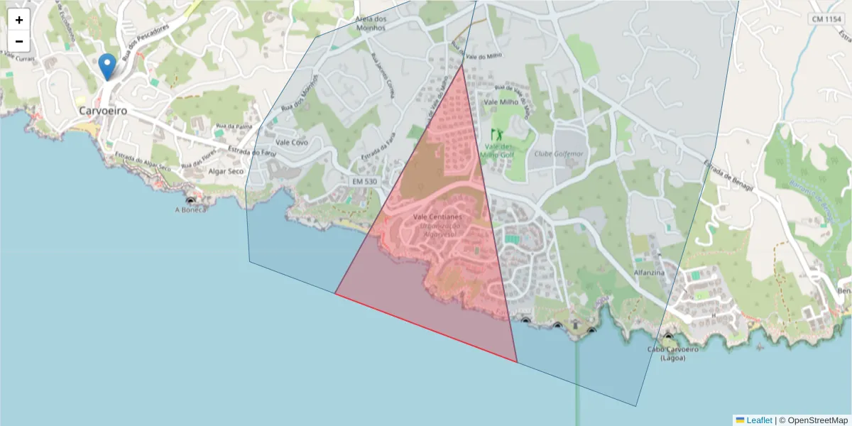 Mapa detalhado do código postal 8400-536 com limites, códigos postais vizinhos e agências dos correios