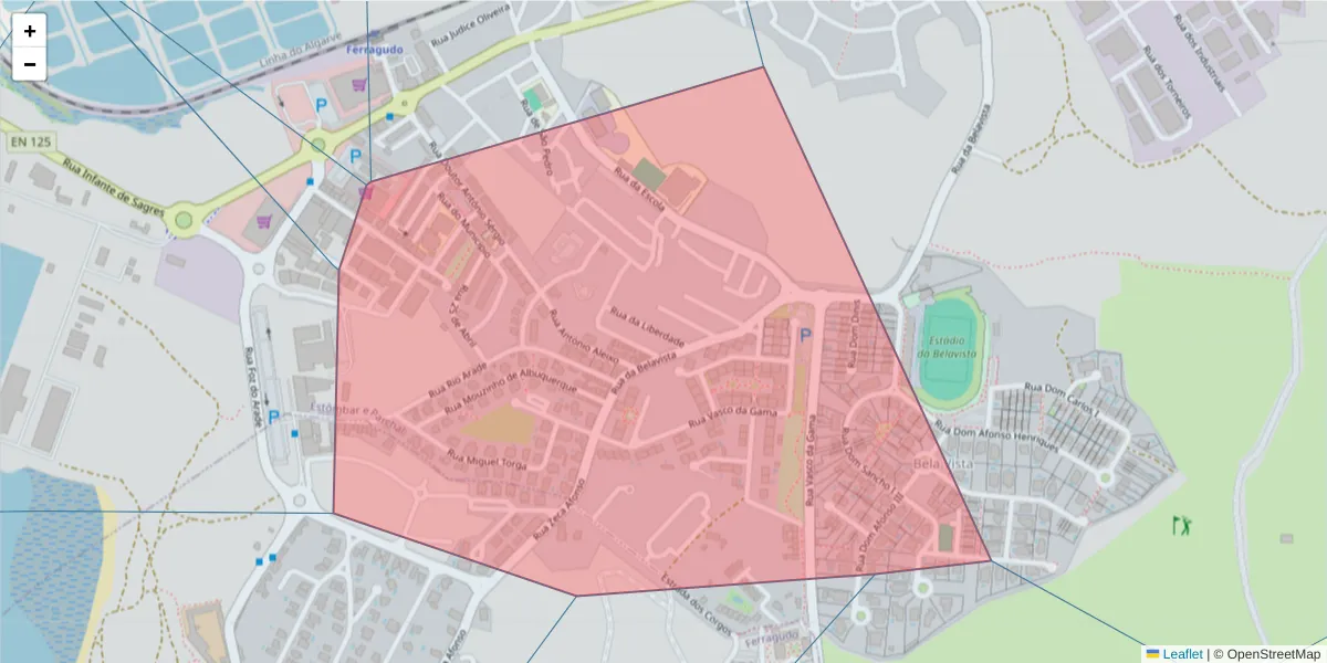 Mapa detalhado do código postal 8400-621 com limites, códigos postais vizinhos e agências dos correios