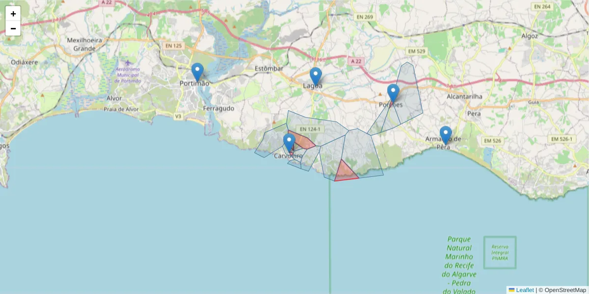 Mapa detalhado do código postal 8400 com limites, códigos postais vizinhos e agências dos correios