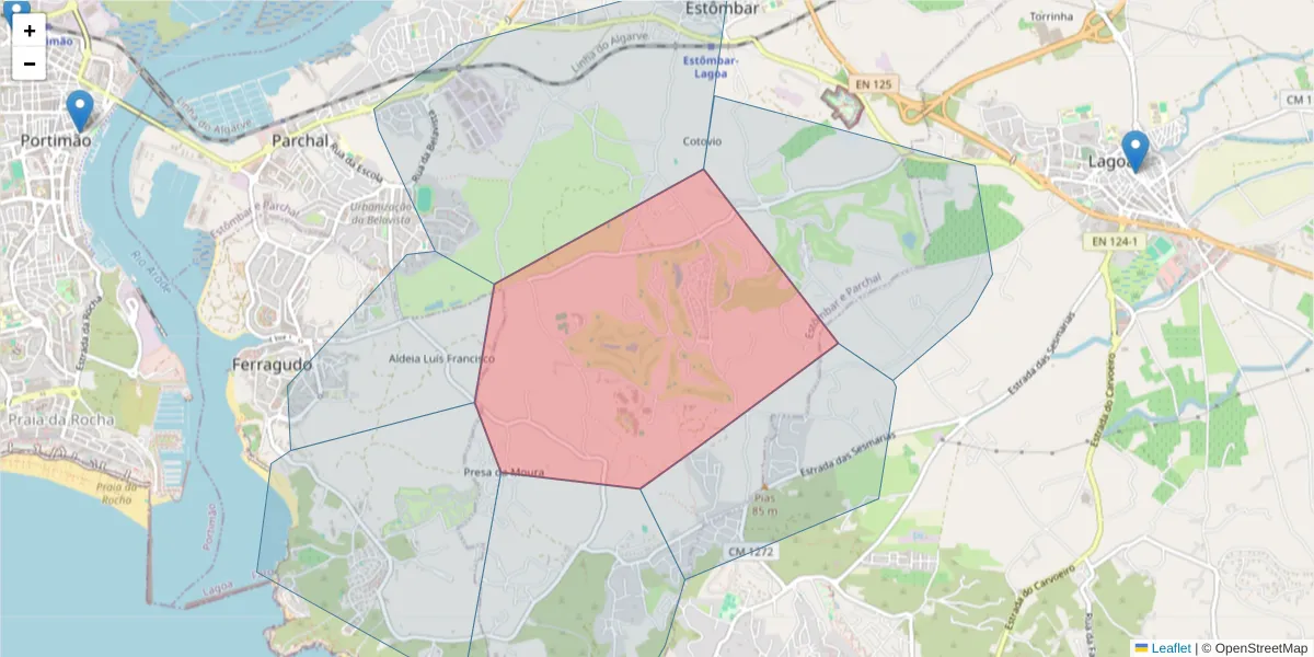 Mapa detalhado do código postal 8401-904 com limites, códigos postais vizinhos e agências dos correios