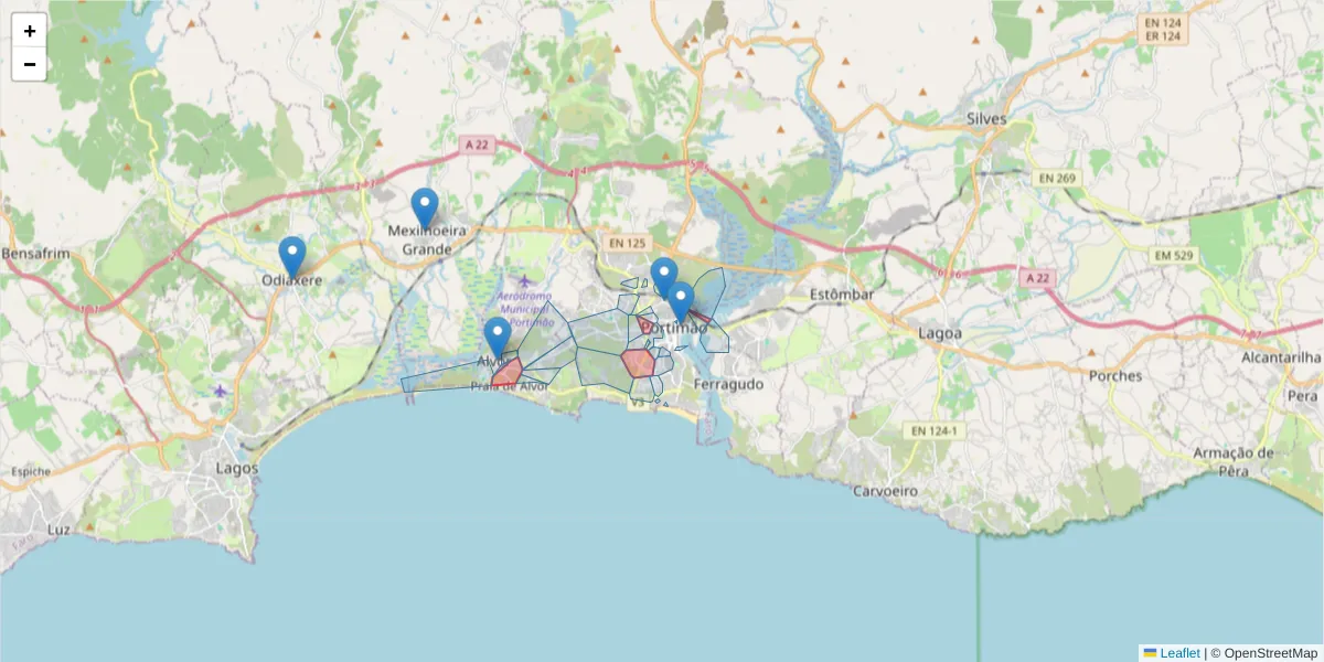 Mapa detalhado do código postal 8500-000 com limites, códigos postais vizinhos e agências dos correios