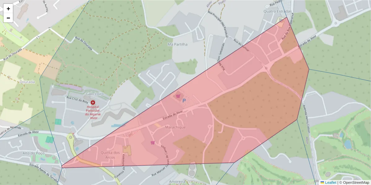 Mapa detalhado do código postal 8500-045 com limites, códigos postais vizinhos e agências dos correios