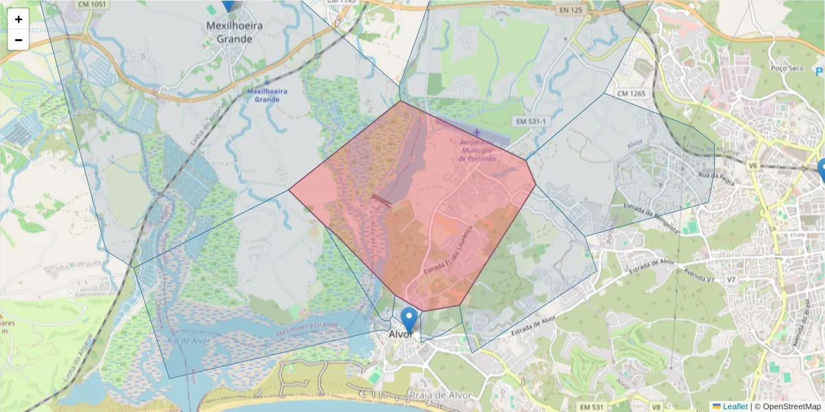 Mapa detalhado do código postal 8500-087 com limites, códigos postais vizinhos e agências dos correios