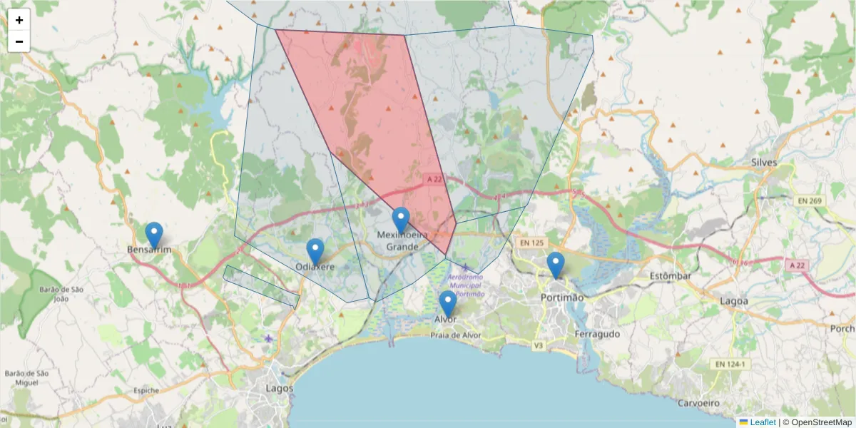 Mapa detalhado do código postal 8500-130 com limites, códigos postais vizinhos e agências dos correios