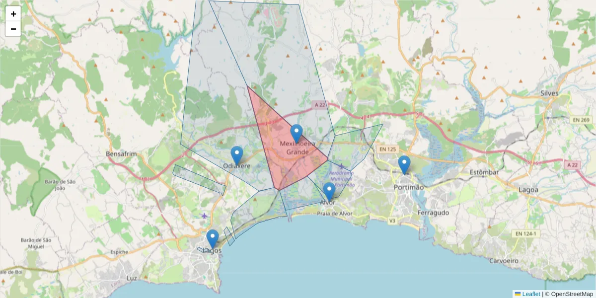 Mapa detalhado do código postal 8500-132 com limites, códigos postais vizinhos e agências dos correios