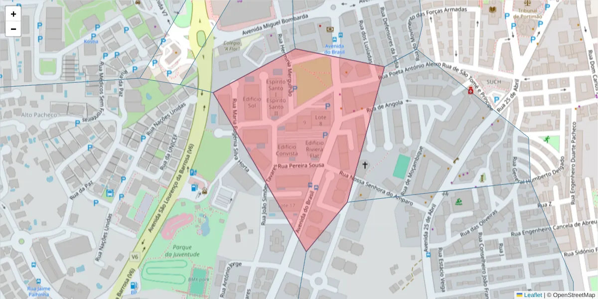 Mapa detalhado do código postal 8500-293 com limites, códigos postais vizinhos e agências dos correios