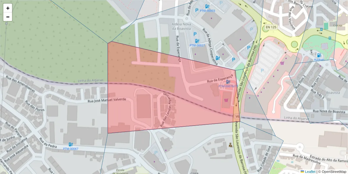 Mapa detalhado do código postal 8500-420 com limites, códigos postais vizinhos e agências dos correios