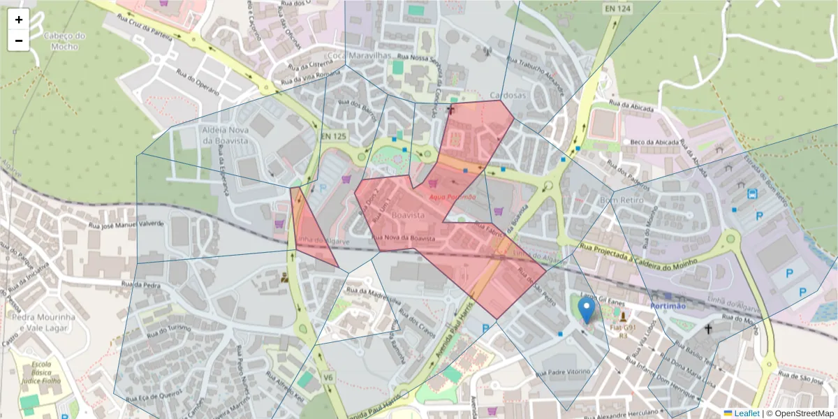 Mapa detalhado do código postal 8500-448 com limites, códigos postais vizinhos e agências dos correios