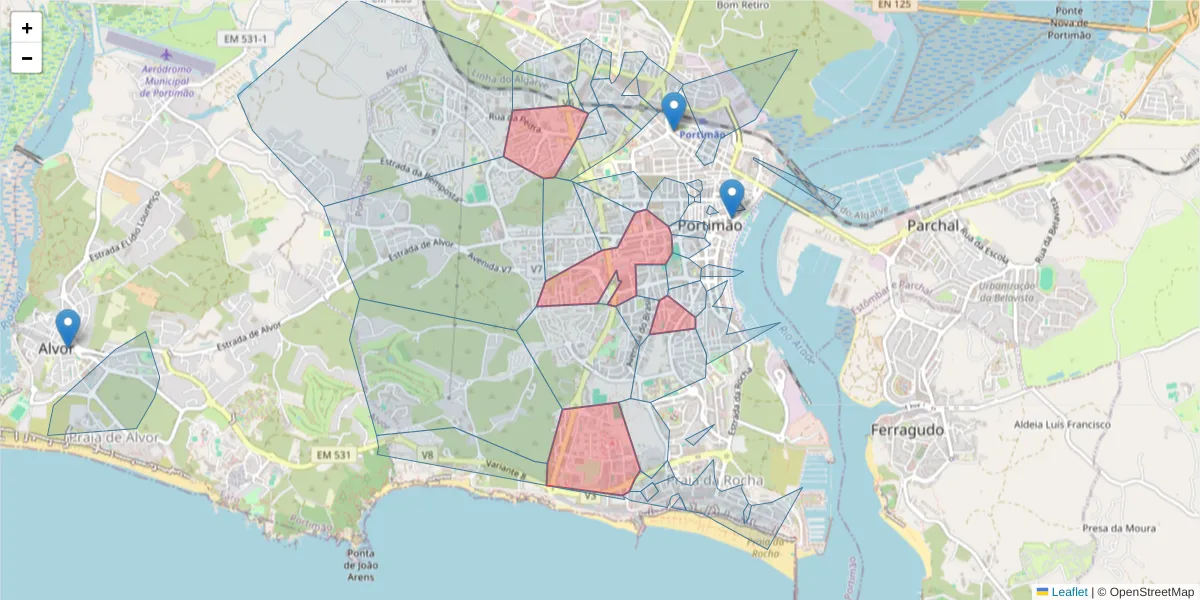 Mapa detalhado do código postal 8500-510 com limites, códigos postais vizinhos e agências dos correios