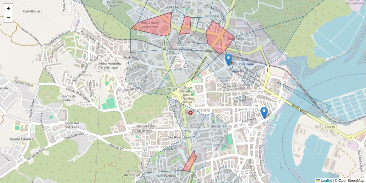 Mapa detalhado do código postal 8500-524 com limites, códigos postais vizinhos e agências dos correios