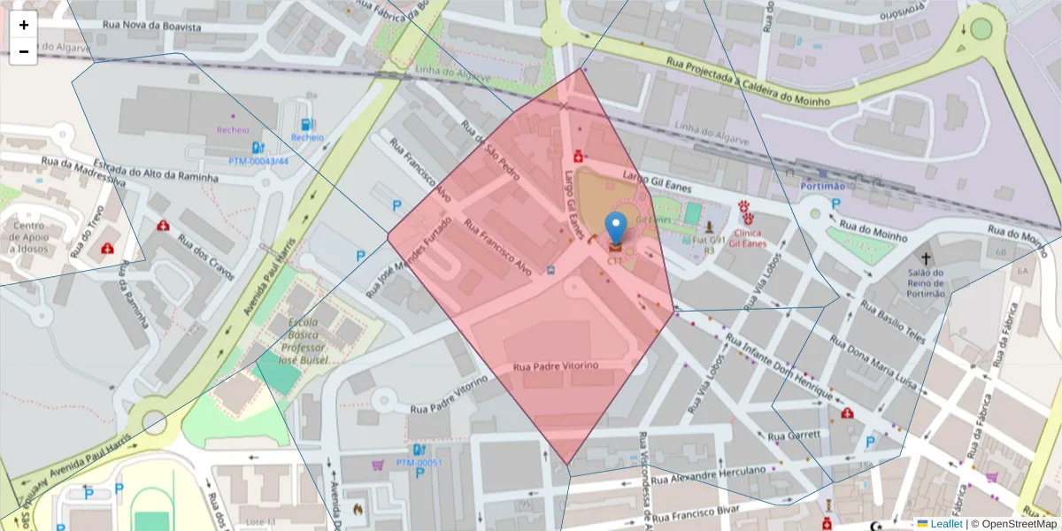 Mapa detalhado do código postal 8500-536 com limites, códigos postais vizinhos e agências dos correios