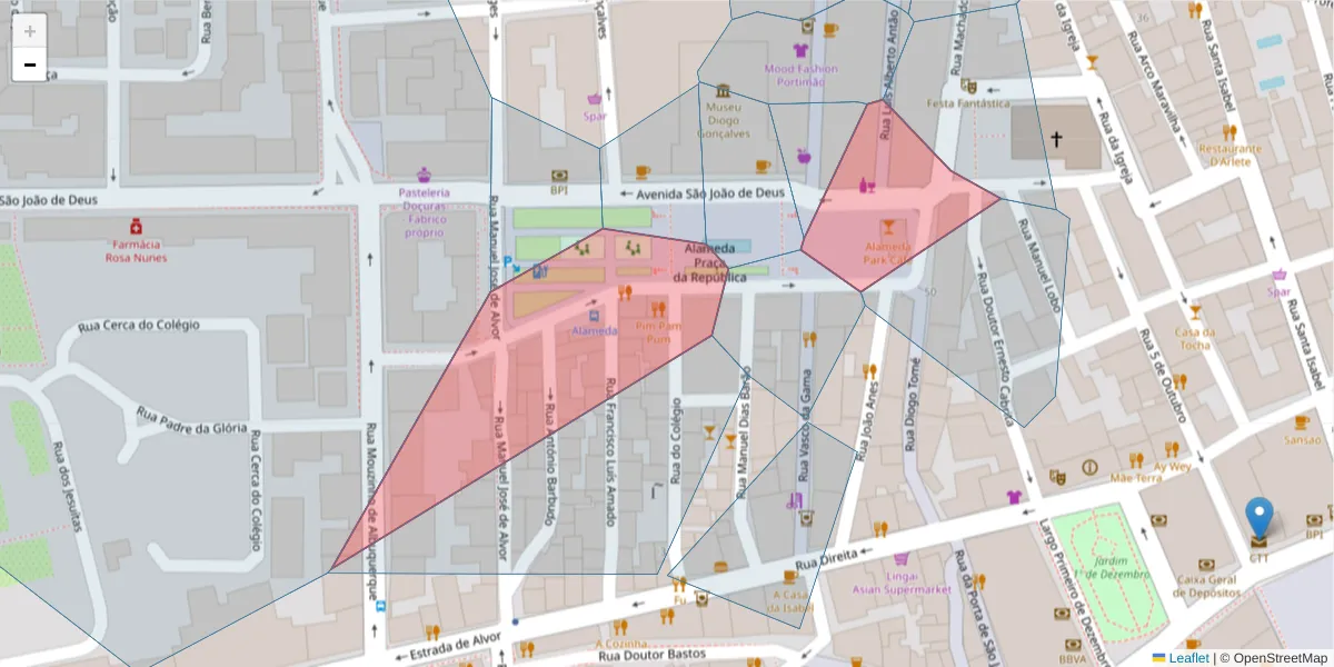 Mapa detalhado do código postal 8500-540 com limites, códigos postais vizinhos e agências dos correios