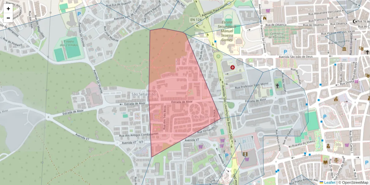 Mapa detalhado do código postal 8500-579 com limites, códigos postais vizinhos e agências dos correios